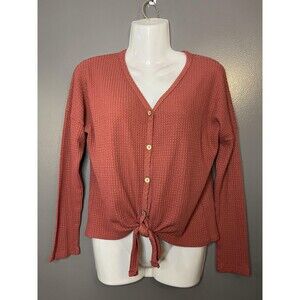 Lovemarks Shirt Womens Medium Red Waffle Knit Button Front Tie Long Sleeve Top
